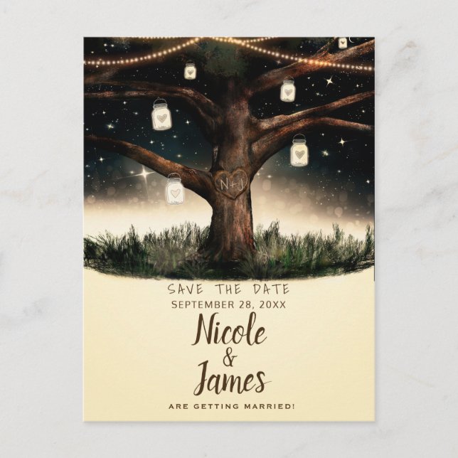 Rustic Night Tree with Lights & Jars Save the Date Announcement Postcard (Front)