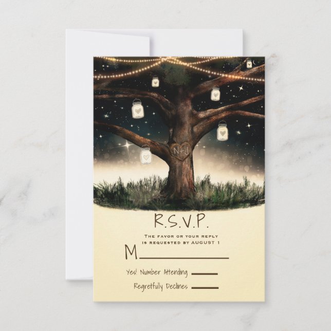 Rustic Night Tree with Lights & Jars Wedding RSVP Card (Front)