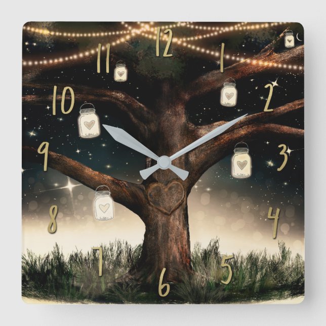 Rustic Night Tree with Lights & Mason Jars Square Wall Clock (Front)