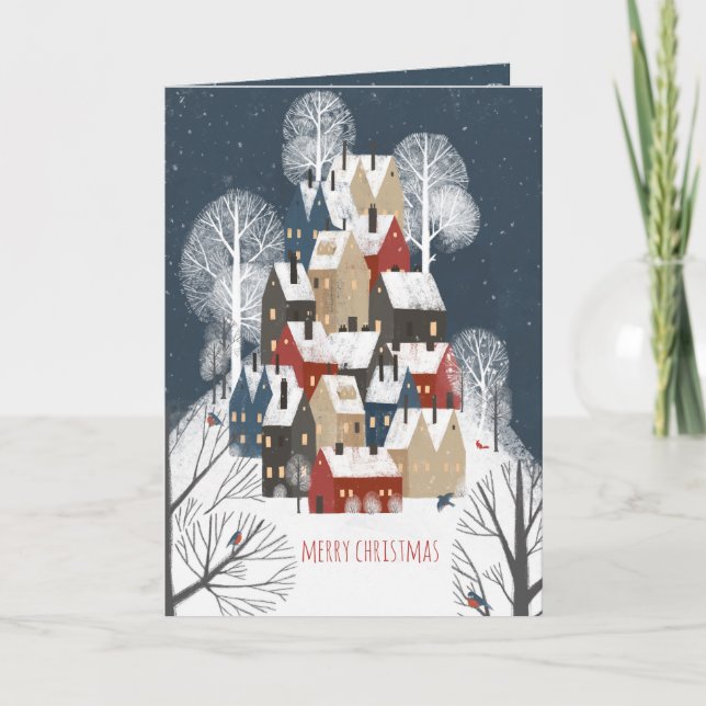 Rustic Nordic Houses Mountain Ski Village Holiday Card (Front)