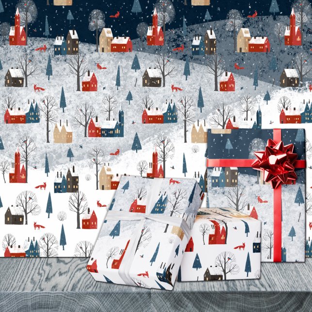 Rustic Nordic Red Fox In A Snowy Mountain Village Wrapping Paper Sheet (Creator Uploaded)