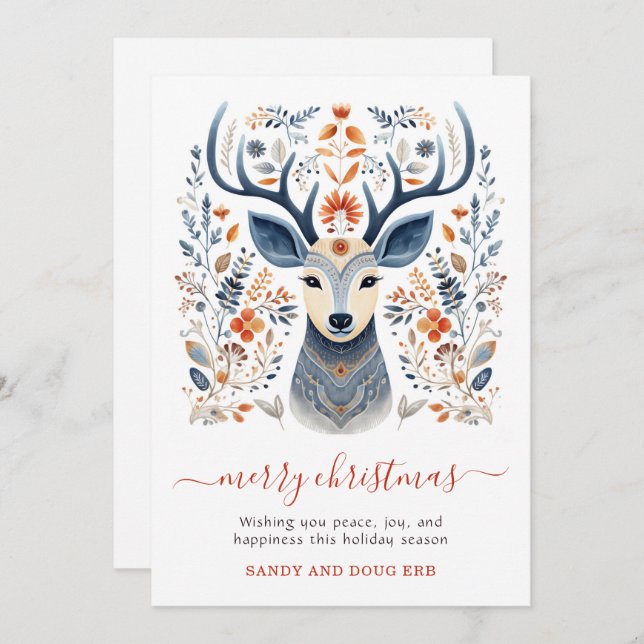 Rustic Nordic Reindeer Christmas Foliage Holiday Card (Front/Back)