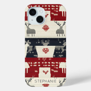 Rustic Nordic Reindeer & Snowflake Knit Pattern iPhone 15 Case