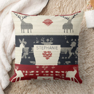 Rustic Nordic Reindeer & Snowflake   Knit Pattern Cushion