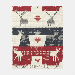 Rustic Nordic Reindeer & Snowflake Knit Pattern Fleece Blanket