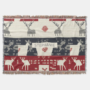 Rustic Nordic Reindeer & Snowflake Knit Pattern Throw Blanket