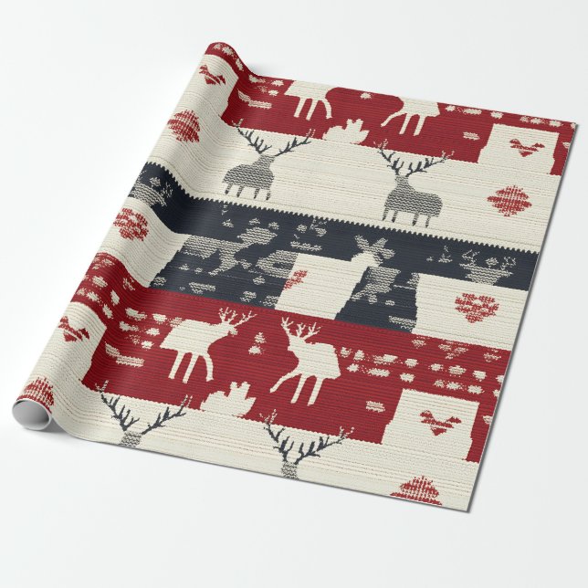 Rustic Nordic Reindeer & Snowflake | Knit Pattern Wrapping Paper (Unrolled)