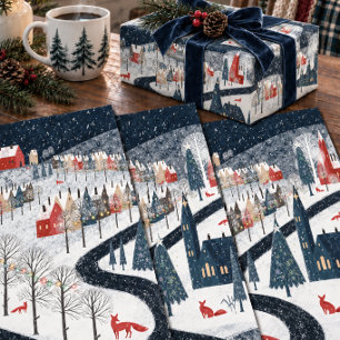 Rustic Nordic Snowy Mountain Village Fox Trotting Wrapping Paper Sheet