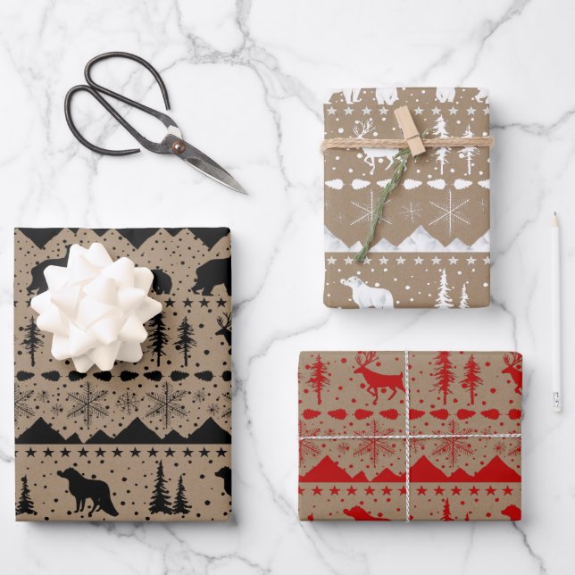 Rustic Nordic Sweater Winter Animals Mixed Colours Wrapping Paper Sheet (Front)