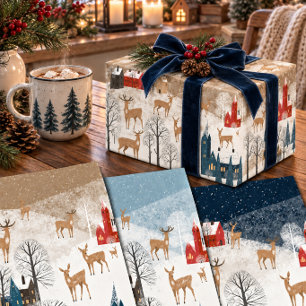 Rustic Nordic Winter Reindeer Mountain Village Wrapping Paper Sheet
