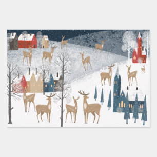Rustic Nordic Winter Reindeer Mountain Village Wrapping Paper Sheet