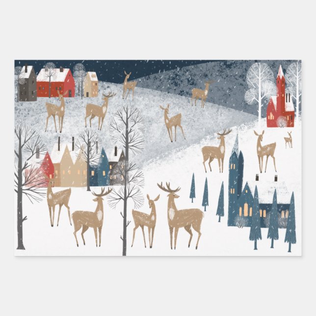Rustic Nordic Winter Reindeer Mountain Village Wrapping Paper Sheet (Front)