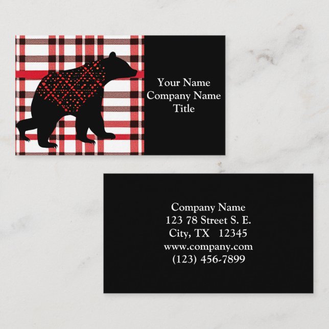 Rustic Northwoods Black Bear Silhouette On Plaid Business Card (Front/Back)