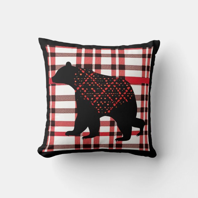 Rustic Northwoods Black Bear Silhouette On Plaid Cushion (Front)