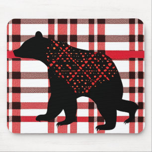 Rustic Northwoods Black Bear Silhouette On Plaid Mouse Mat