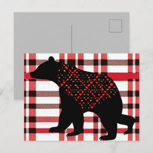 Rustic Northwoods Black Bear Silhouette On Plaid Postcard