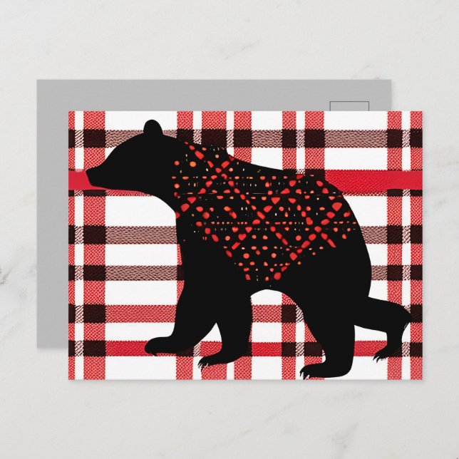 Rustic Northwoods Black Bear Silhouette On Plaid Postcard (Front/Back)