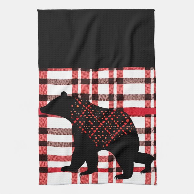 Rustic Northwoods Black Bear Silhouette On Plaid Tea Towel (Vertical)