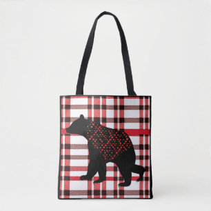 Rustic Northwoods Black Bear Silhouette On Plaid Tote Bag