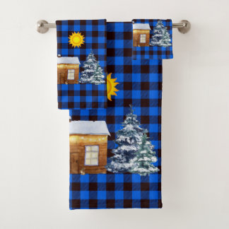 Rustic Northwoods Winter Log Cabin Buffalo Plaid Bath Towel Set