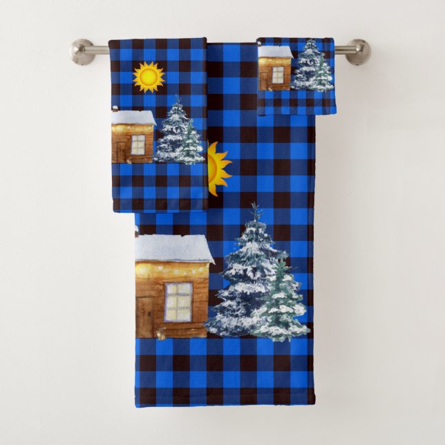 Rustic Northwoods Winter Log Cabin Buffalo Plaid Bath Towel Set (Insitu)
