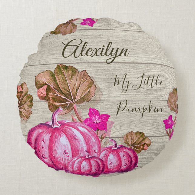  Rustic Nursery Grey Wood Autumn Pink Pumpkins  Round Cushion (Front)