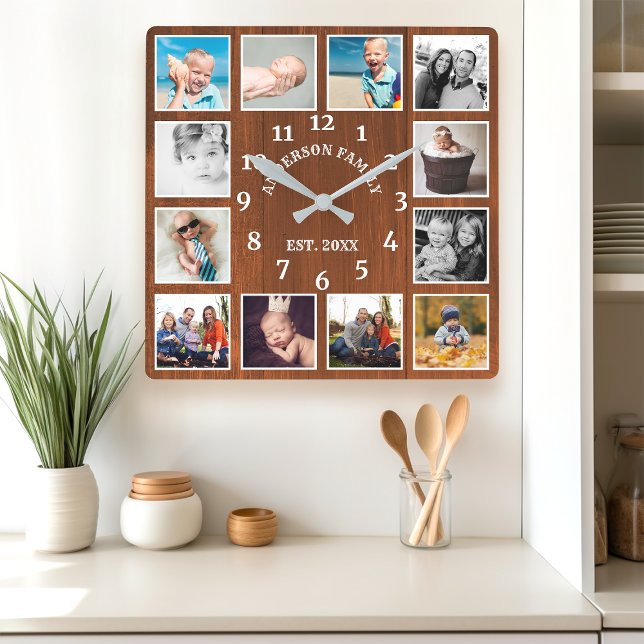 Rustic Oak Barn Wood Farmhouse 12 Photo Collage Square Wall Clock (Creator Uploaded)