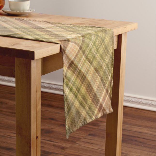 Rustic Oak Brown and Olive Plaid Short Table Runner (In Situ)