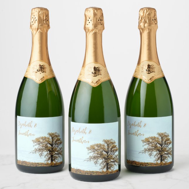 Rustic Oak Tree Autumn Wedding Sparkling Wine Label (Bottles)