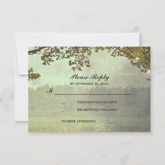 Rustic Oak Tree Lights Wedding RSVP Card (Front)