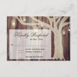 Rustic Oak Tree Lights Wood Wedding RSVP Cards