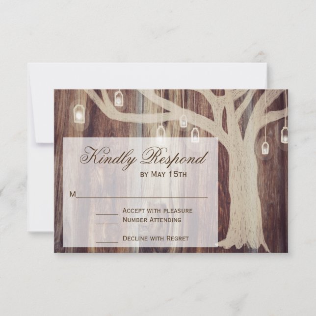Rustic Oak Tree Lights Wood Wedding RSVP Cards (Front)