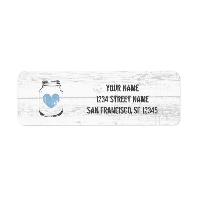 Rustic oak wood blue heart return address labels (Front)