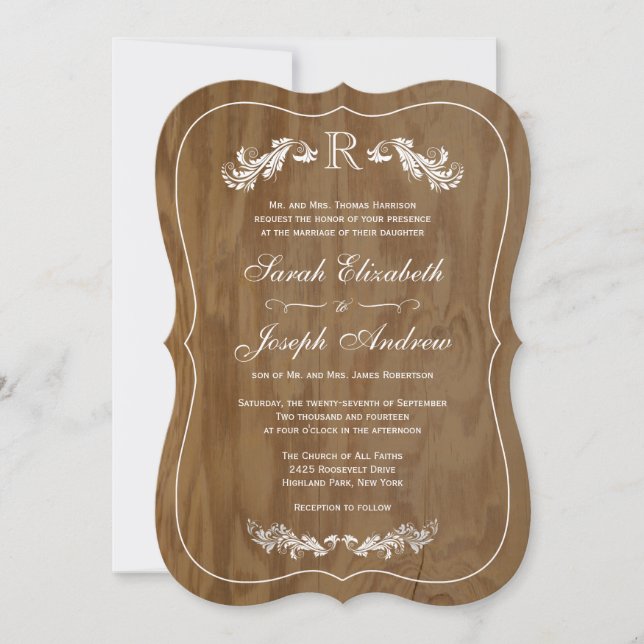 Rustic Oak Wood Formal Monogram Wedding Invitation (Front)