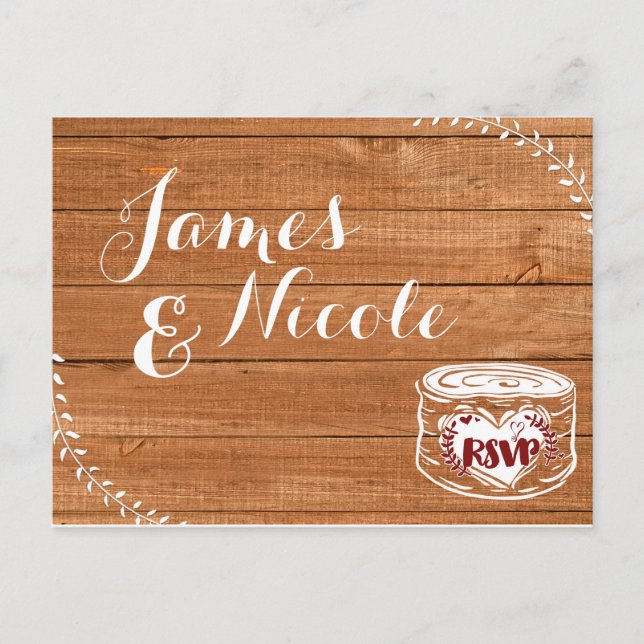Rustic Oak Wood & Heart Stump Photo Wedding RSVP Invitation Postcard (Front)