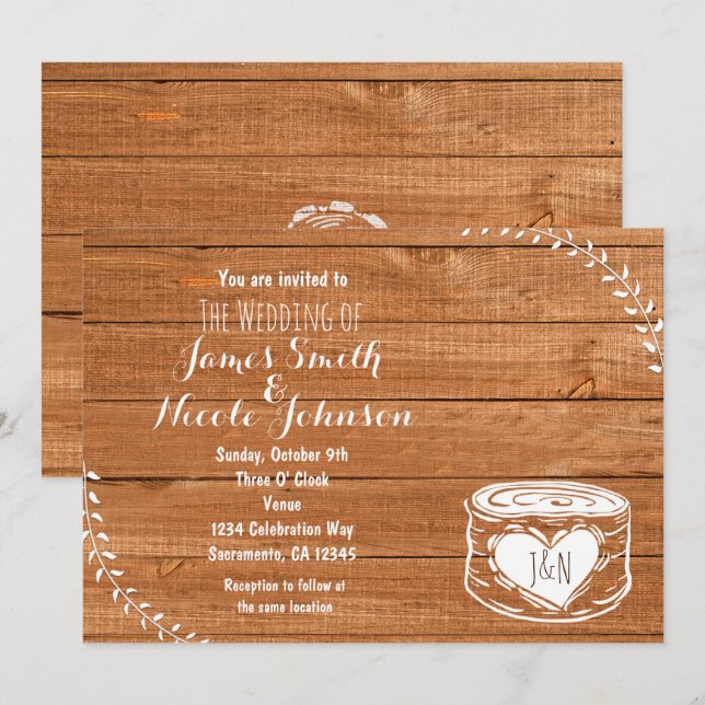 Rustic Oak Wood & Heart Stump Wedding Invitation (Front/Back)