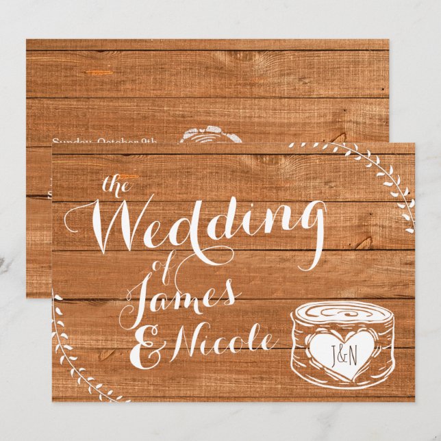Rustic Oak Wood & Heart Stump Wedding Invitation (Front/Back)