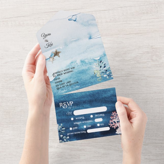 Rustic Ocean Dietary Restrictions RSVP Wedding All In One Invitation (Tearaway)