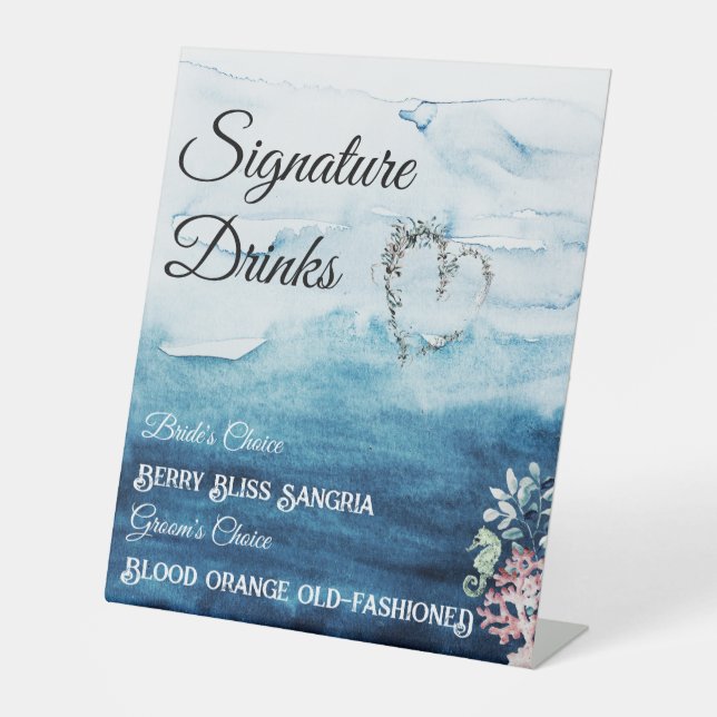 Rustic Ocean Wedding Signature Drinks Pedestal Sign (Front)