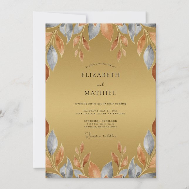 Rustic Ochre Slate Leafy Wedding Invitation (Front)