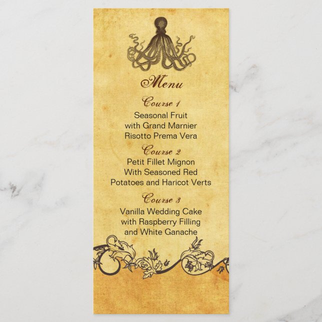 rustic octopus beach wedding menu cards (Front)