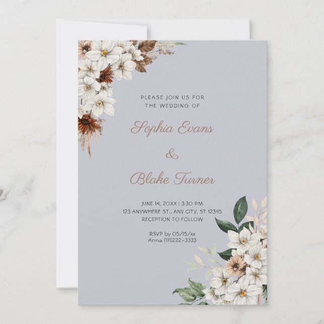 Rustic Off White Flowers Boho Cloud Grey Wedding Invitation (Front)