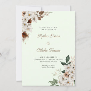Rustic Off White Flowers Boho Light Green Wedding Invitation