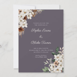 Rustic Off White Flowers Boho Smoke Grey Wedding Invitation