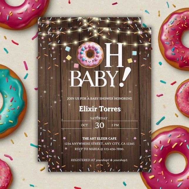Rustic Oh Baby Doughnut & Sprinkle Kawaii Baby Sho Invitation (Creator Uploaded)