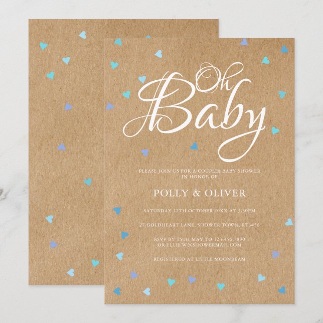 Rustic Oh Baby Love Hearts Couples Baby Boy Shower Invitation (Front/Back)