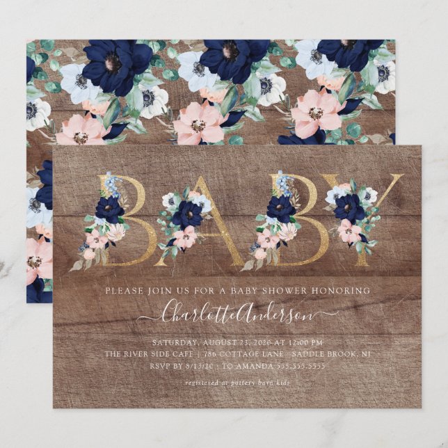 Rustic Oh Baby Navy Blue Blush Floral Baby Shower Invitation (Front/Back)