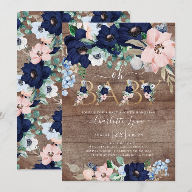 Rustic Oh Baby Navy Blue Blush Floral Baby Shower Invitation (Front/Back)