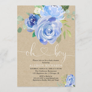 Rustic Oh Boy baby shower blue floral kraft Invitation