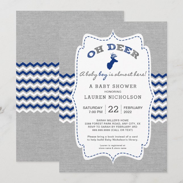 Rustic OH DEER Buck Baby Shower, navy grey Invitation (Front/Back)